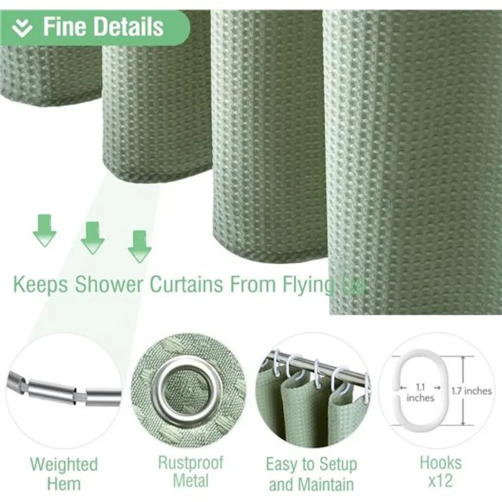 Sage Green Shower Curtain-Waffle Textured Heavy Duty Thick Fabric Shower Curtain